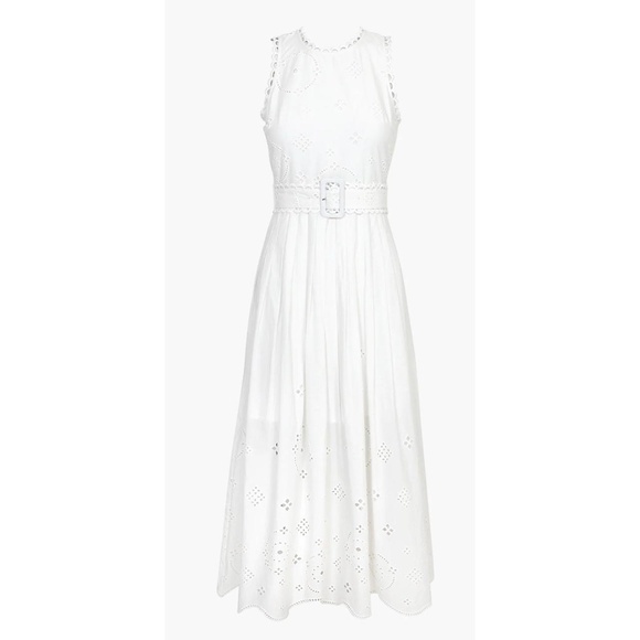 Adelyn Rae Midi Dress White Eyelet Embroidered Pleated Belted Waist Boho Summer - Picture 1 of 8